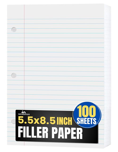 1InTheOffice College Ruled Filler Paper 5.5 x 8.5 Mini Binder Filler Paper, White, 100 Sheets/Pack