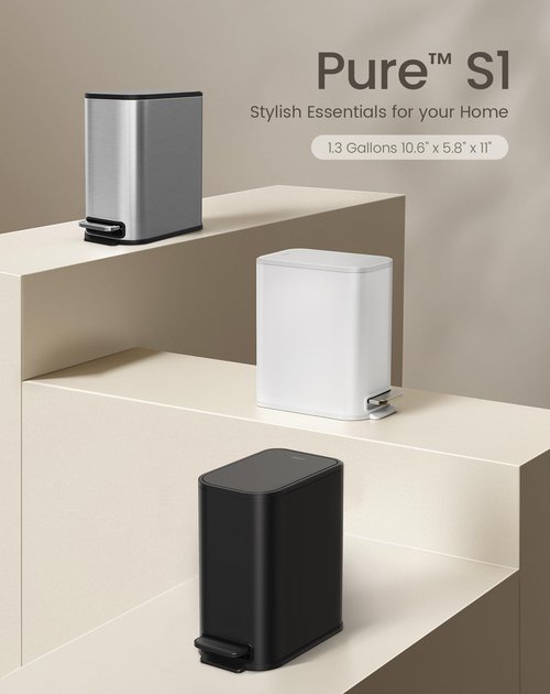 Cesun Small Bathroom Trash Can with Lid Soft Close, Step Pedal, 5 Liter / 1.3 Gallon Stainless Steel Garbage Can with Removable Inner Bucket, Waste Basket for Bathroom, Bedroom (Silver)