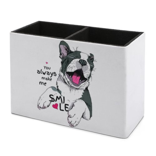 Niapessel Pencil Holder for Desk, Funny Boston Terrier Dog Pen Holder Storage Desktop Pen Organizer Desk Pencil Organizer Makeup Brush Holder for Office School College Leather