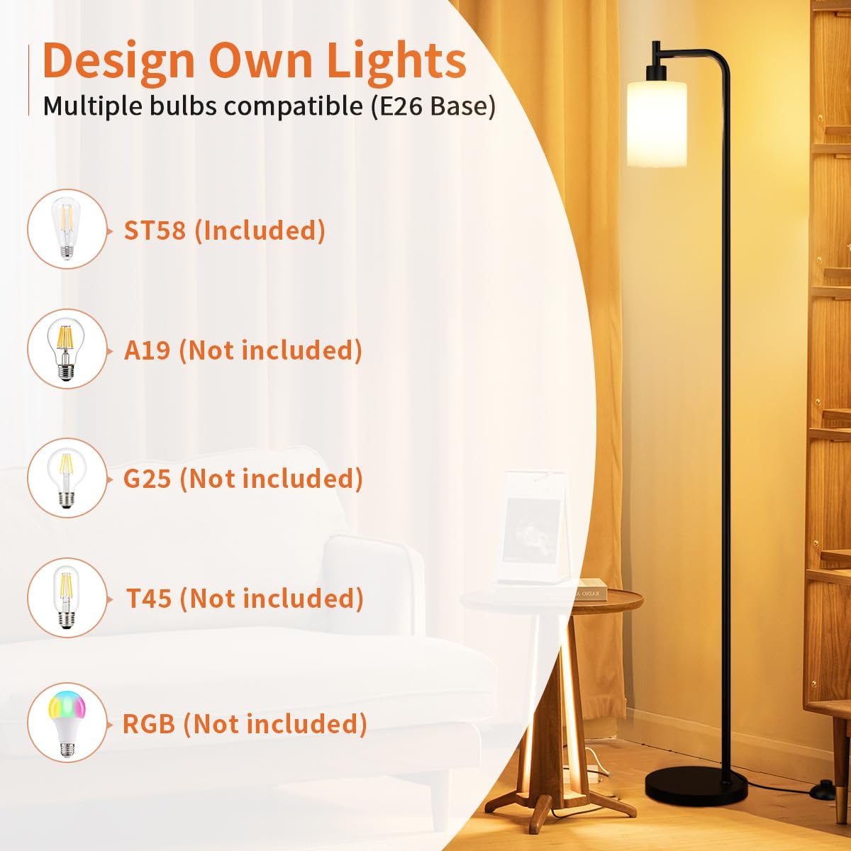 Ziisee Floor Lamp - Modern Industrial Standing Lamp with Frosted White Glass Shade | Black Tall Design for Living Room & Office (LED Bulb Included)