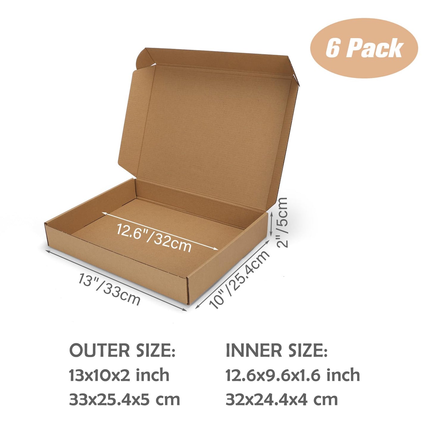 Serwrsw 13x10x2 inch Shipping Boxes Set of 6 Brown, Inner Size 12.6x9.6x1.6 inch Cardboard Box Mailers for Small Business Packaging Mailing or Gift Wrapping Giving