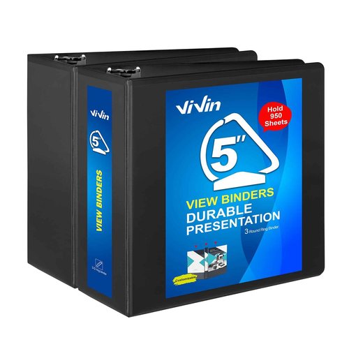 ViVin Durable 5 inch D Ring View Binder, Large 5" Slant-D Ring with 950-Sheet Capacity, Fit 8.5" x 11" Paper, 2 Pack(Black)