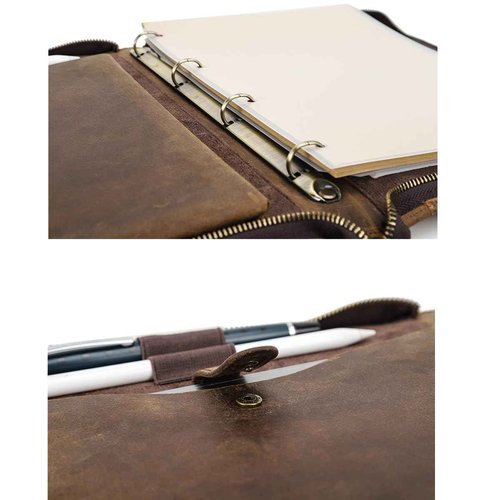 Contacts Full Grain Leather Portfolio 4 Ring Binder Professional A4 Notepad Folder Zipper Binder Organizer with 11" iPad Pocket, 40 Sheets of A4 Paper