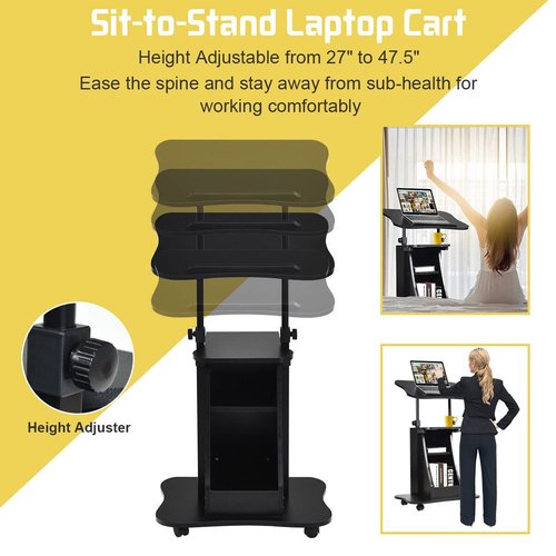 Mobile Laptop Desk, Height Adjustable Podium Stand w/ 4 Wheels & Tiltable Desktop, Rolling Lectern Cart Laptop Desk with Storage Shelves for School, Office, Home, Black