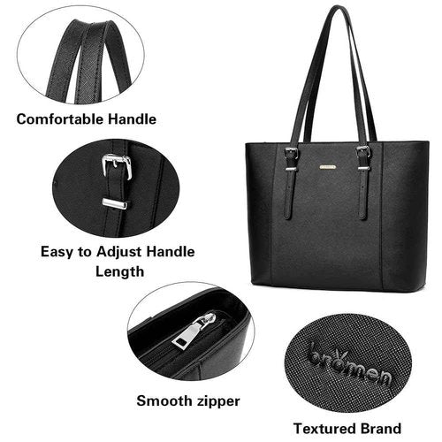 BROMEN Leather Laptop Bag for Women 15.6 inch Computer Office Briefcase Handbag Shoulder Work Tote with Padded Compartment black