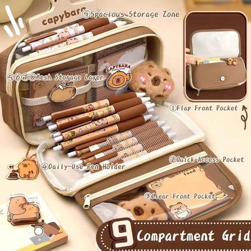 Melorumi Capybara Stationery Set Cute Pencil Case Pouch Gifts For Girls Boys Kid Large Capacity Kawaii Capibara Organizer Office School Supplies