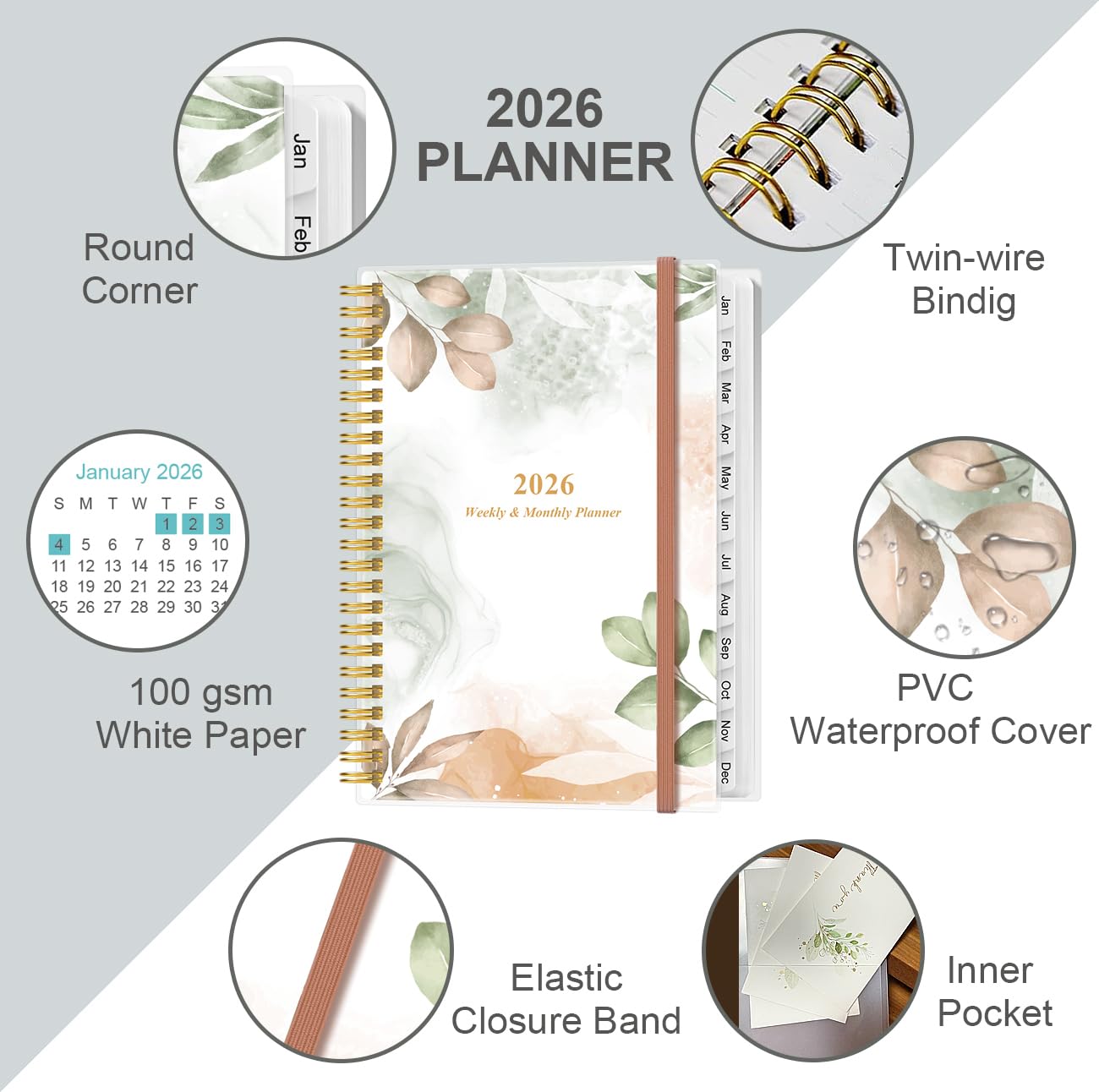 2026 Planner - A5 Weekly & Monthly Planner Spiral Bound, January 2026 - December 2026, with Flexible Cover, Tabs, Inner Pocket, 6.4" x 8.5", Rose Leaf