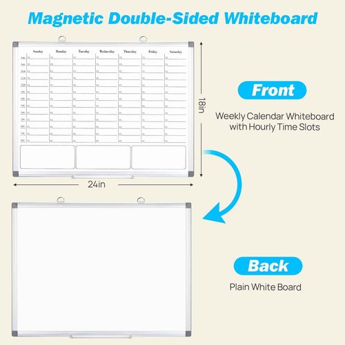 ONAVIA White Board Dry Erase Board for Wall, Magnetic Whiteboard Calendar 24" X 18", Weekly Calendar Whiteboard with Hourly Time Slots, Hanging Double-Sided White Board for Office,School,Home - 1 Pack