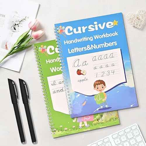 2 Pack Grooved Cursive Handwriting Workbook,Reusable Handwriting Practice Copybooks,Cursive Writing Practice Book for Kids Beginners