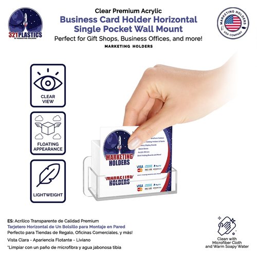 6 Pack Business Card Holder Wall Mount Clear Acrylic Single Pocket for 3.5" x 2" Cards Take One Display Plastic Rack with Hanging Hardware by Marketing Holders