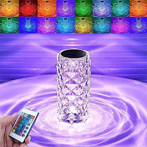 Portable Crystal Table Lamp, 16-Color Touch Control Rechargeable Night Light, Bedside Desk Lamp for Bedroom, Living Room, Kitchen & Dining Room (16-Color Rose)