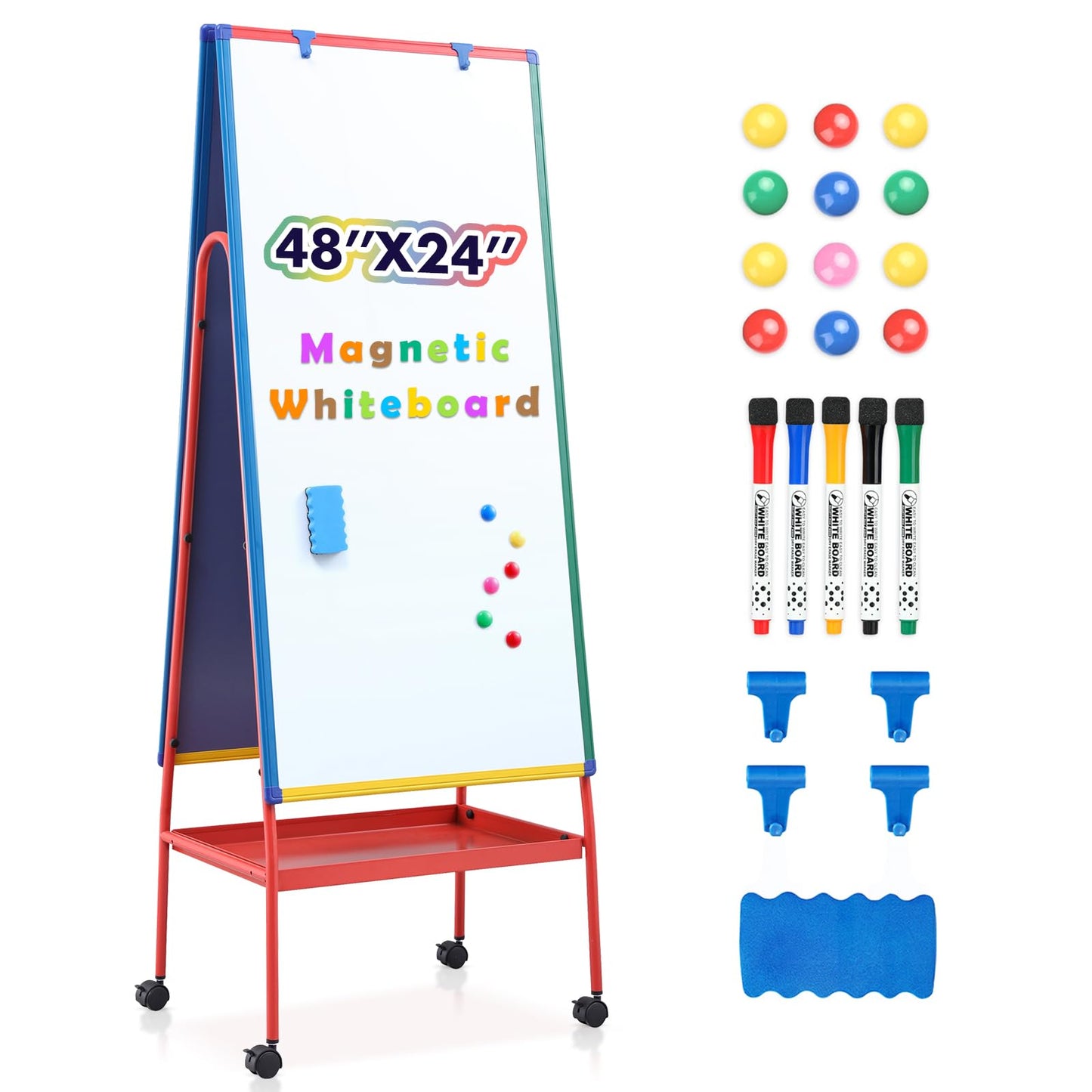 Mobile Whiteboard on Wheels 48x24 in Rolling Classroom Easel for Teaching