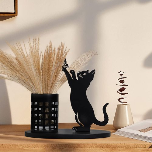 kobjoy Cat Pencil Holder for Desk, Organizer Pen Holder for Bedroom/Office, Metal Cut Home Decor for Table Centerpiece, Black Gifts for Cat Lover, Pampas Grass Vase(Cat)