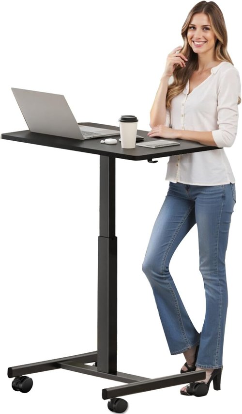 CROWNFURN Adjustable Height Mobile Rolling Desk - Portable Laptop Workstation on Wheels | Black