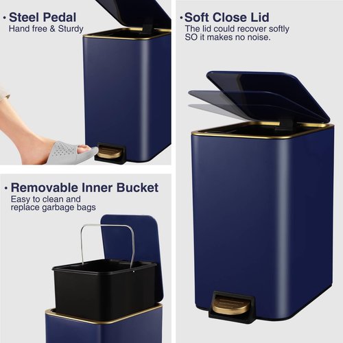 XLHOMO Small Bathroom Trash Can with Lid Soft Close, 1.8 Gallon Stainless Steel Garbage Can with Removable Inner Bucket,Wicker Storage Baskets,75Count Trash Bags, Slim Step Pedal Trash Bins