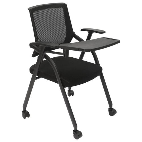 Black Reception Conference Room Chair with Tablet Arm and Casters, 220lbs Capacity Ergonomic Mesh Office Guest Chair, Foldable Stackable Waiting Room Chairs for Conference, School, Training, Clinic