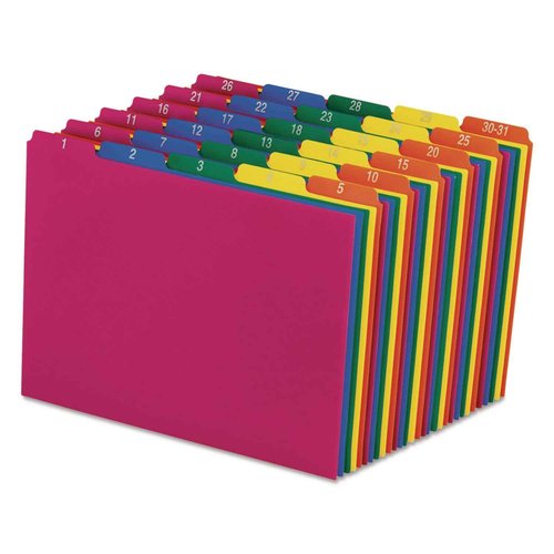 Pendaflex 40143 Top Tab File Guides, Daily/1-31, 1/5 Tab, Polypropylene, Letter (Set of 31) , Blue;green;magenta;strawberry;yellow