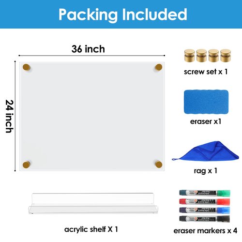 MaxGear Acrylic Dry Erase Board for Wall, 36'' x 24'' Clear Large Acrylic Writing Board Non Magnetic Floating Frameless Wall Mounted Big Whiteboard with 4 Markers,1 Eraser and 1 Cloth
