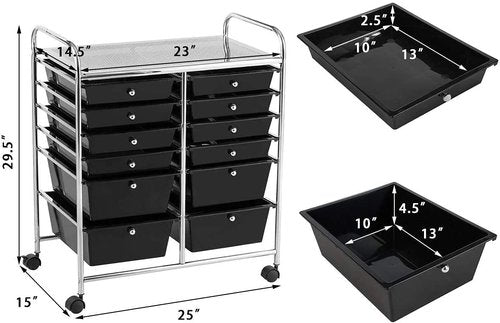 FANTASK 12-Drawer Rolling Storage Cart, Multipurpose Organizer Utility Trolley on Wheels, Tools Scrapbook Paper Organizer for School, Office, Home, Beauty Salon (Black)