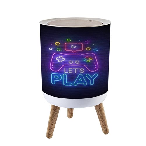 Small Trash Can with Lid Lets Play neon sign bright signboard light banner Game neon emblem Garbage Bin Round Waste Bin Press Cover Dog Proof Wastebasket for Kitchen Bathroom Living Room 1.8 Gallon