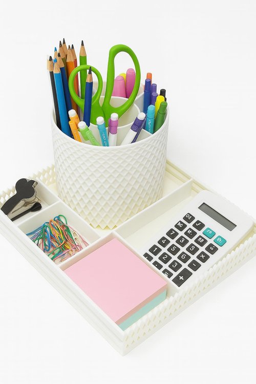 Crafovia 5-Slot Pen Organizer & Cosmetics Brush Set with Tray – Multi-Use Pen & Makeup Holder with 5 Compartments + Utility Tray – Office, Vanity, Bathroom & Living Room Organizer (White Organizer)