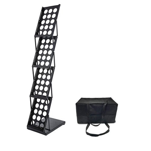 Polmart 4-Tier Brochure Stand. Heavy Literature Display Magazine Rack with Adjustable Pockets. Portable Collapsible Design with Carry Bag for Trade Shows, Offices, Retail Stores (Black)