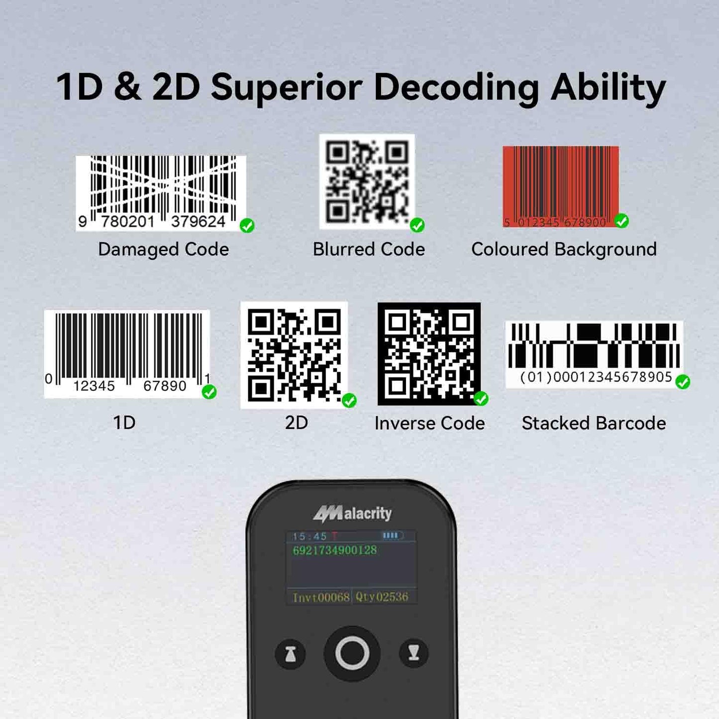 Alacrity Portable 1D 2D Wireless Barcode Scanner with LCD Display, Bluetooth 2.4 GHz Wiredess USB Wired 3 in 1, Lightweight Mini QR Code Readers for Computer, Tablet, Smartphone