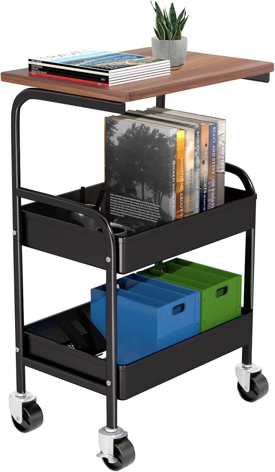 Skiennix Rolling Cart - 3-Tier Metal Utility Organizer with Lockable Wheels - Black Wooden Tabletop