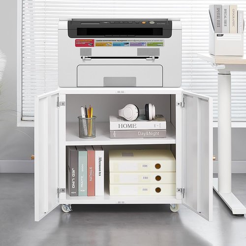 Meibamake Office Furniture Copier Cabinet, 2 Door Steel Mobile File Cabinet, Printer Stand with Adjustable Shelf, White, 23.62" H x 23.62" W x 23.62" D, Home Office