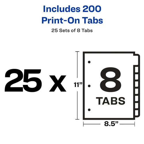 Avery 8-Tab Print-On Binder Dividers, White Tabs, 25 Sets (11554)