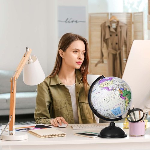 KISEER 8-Inch Rotating World Globe - Educational Spinning Earth for Kids | White Stand