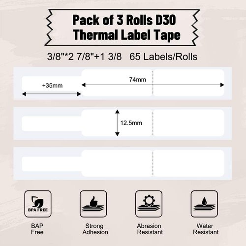 Phomemo D30 Label Maker Tape - Self-Adhesive Black Print on White Labels | 12.5mm x 74mm + 35mm, 3 Rolls