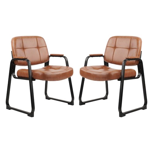 CLATINA Big and Tall 400 lbs Office Guest Chair with Sled Base, Leather Waiting Room Reception Chair No Wheels with Padded Arms for Elderly Home Meeting Conference Room Lobby Side Salon, Brown 2 PK