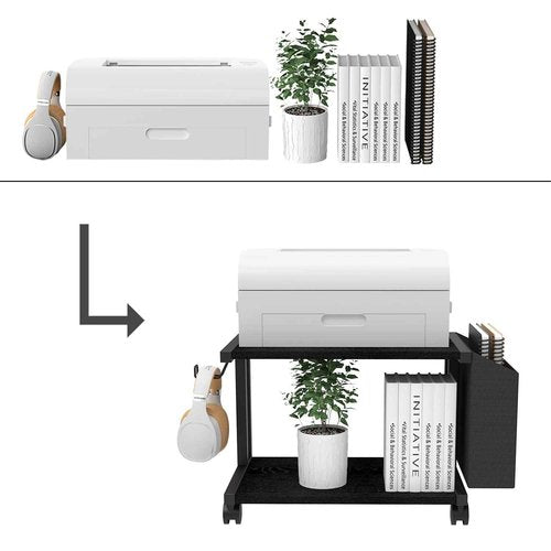 VEDECASA 2 Tier Black Printer Stand with Storage Bag for Home Office Desktop Printer Table Underdesk Organizer Mobile Printer Shelf with Caster Wheel (Black)