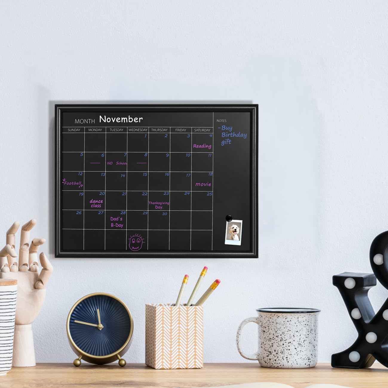 TORASO Magnetic Chalkboard Calendar - Small Black Wood Frame for Planning | 10.6 x 14.6 Inches