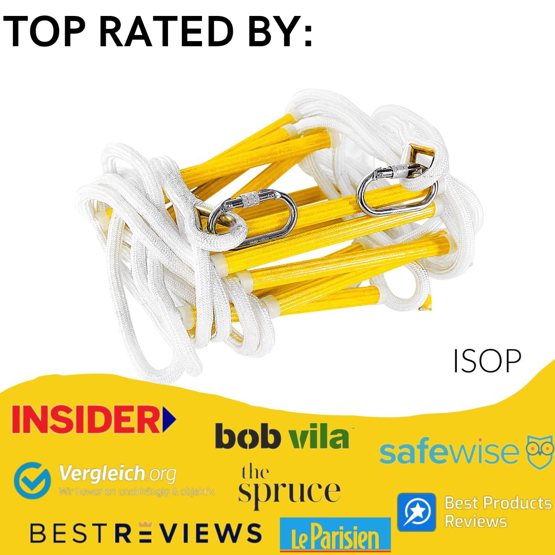 ISOP Fire Evacuation Rope Ladder 4 Story 32ft with Fall Arrest System & Spring Hooks - Rescue Ladders for 4-Story Homes - Fireproof & Weather Resistant - Life-Saving Escape Ladder 10m - Lifesaving