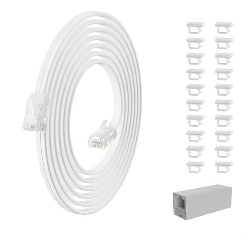 HiFind Telephone Extension Cord - 30 Ft Anti-UV Weatherproof Phone Cable with RJ11 Plug | Flat White
