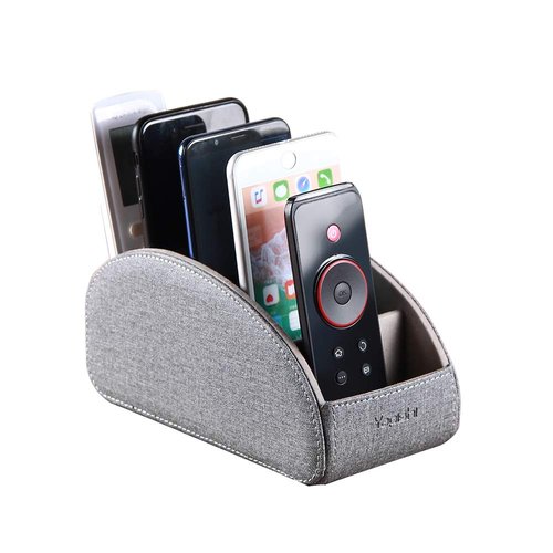 TV Remote Control Holder with 5 Compartments,Pu Leather Remote Caddy/Box/Tray Nightstand Desktop Storage Organizer Store DVD,Blu-Ray,Media Player,Heater Controllers and Makeup Office Supplies Grey