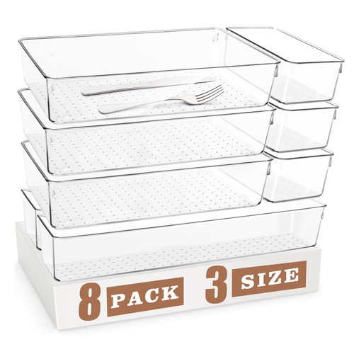 Haivlok 8 Pack Drawer Organizer for Kitchen Gadgets - PET Plastic & Sturdy Large Clear Drawer Divider for Kitchen Accessories, Bathroom Organizers and Storage, Makeup & Desk Organizer Tray for Gift
