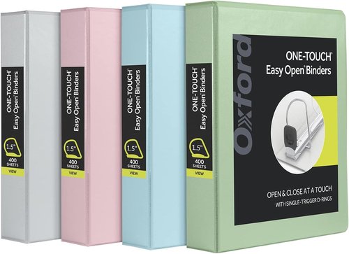 Oxford 3 Ring Binders - 1.5 Inch ONE-Touch Easy Open D Rings | 375-Sheet Capacity, Natural Pastels, 4 Pack
