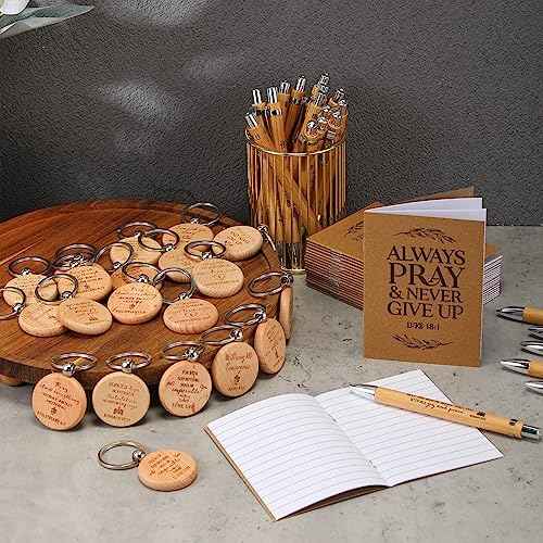 Seajan 40 Sets Christian Gifts Bulk, Bible Verse Notebooks, Christmas Pens with Wooden Keychains, Appreciation Gifts, for Halloween Medical Assistant Pastor Church Employee Coworker