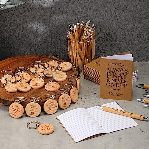 Seajan 60 Sets Christian Gifts Bulk, Bible Verse Notebooks, Christmas Pens with Wooden Keychains, Appreciation Gifts, for Halloween Medical Assistant Pastor Church Employee Coworker