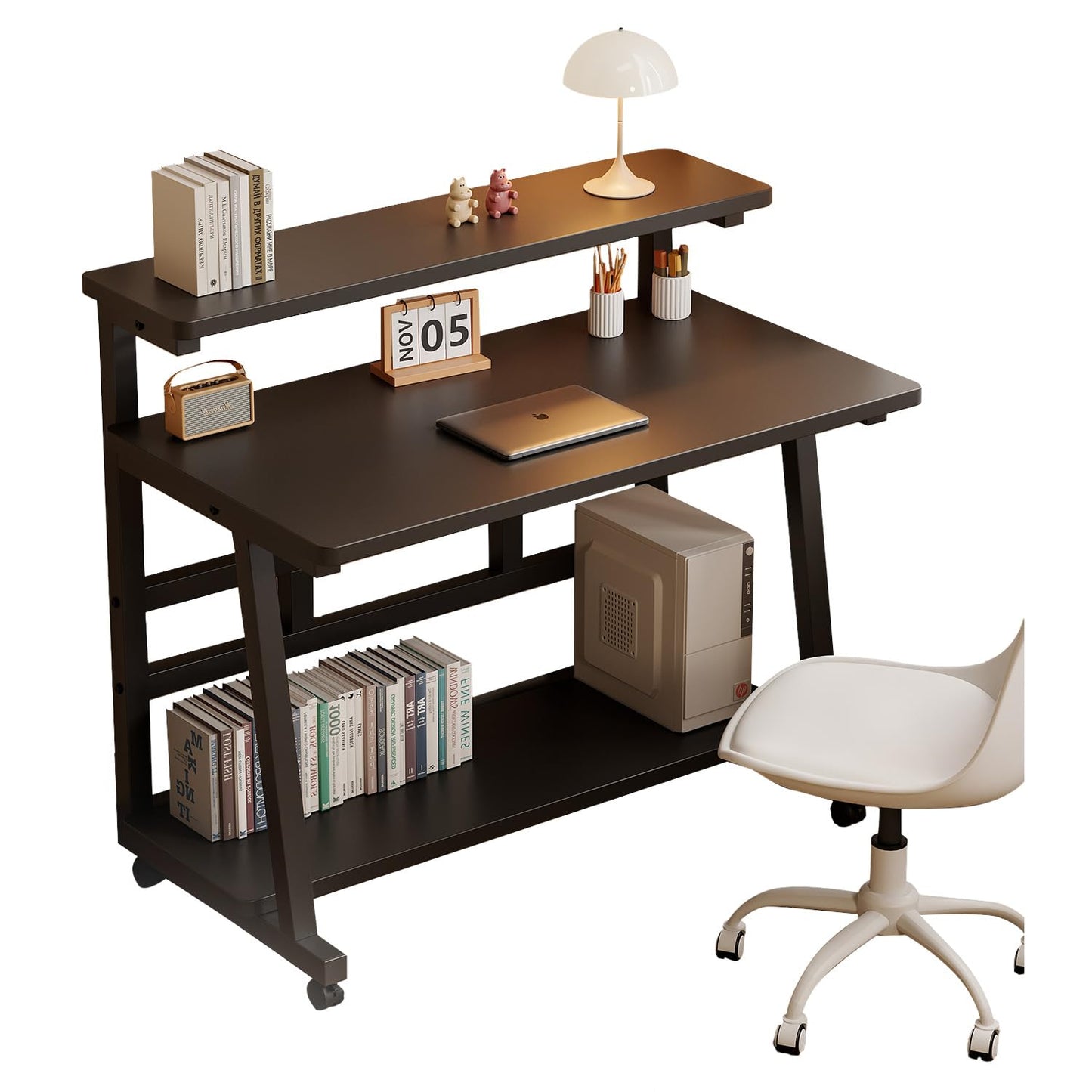 HDOFM 31.5 Inch Rolling Computer Desk for Small Spaces, Monitor Stand & 3-Tier Storage with Lockable Wheels, Easy Assembly for Bedroom, Dorm & Apartment