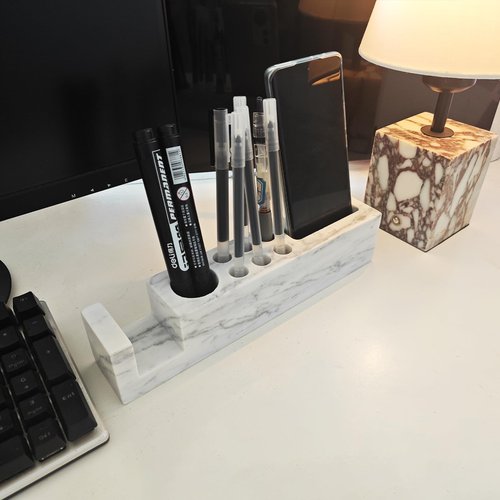 SIRIZEN-DIVING Natural Marble Pen Holder for Desk Docking Station Desk Accessories & Desk Organizer Phone Solid Stone Rulers Pencil Holder for Office (phone&pen white holder)