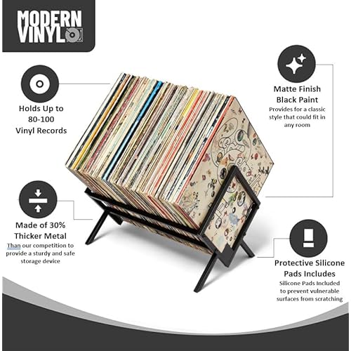 MODERN VINYL Record Storage Racks - Easy Assembly Vinyl Record Holder Stand 100 Lps | Sleek Matte Black LP Holder Stand | Multiuse Vinyl Storage Rack | Storage Rack for Books Magazines Files