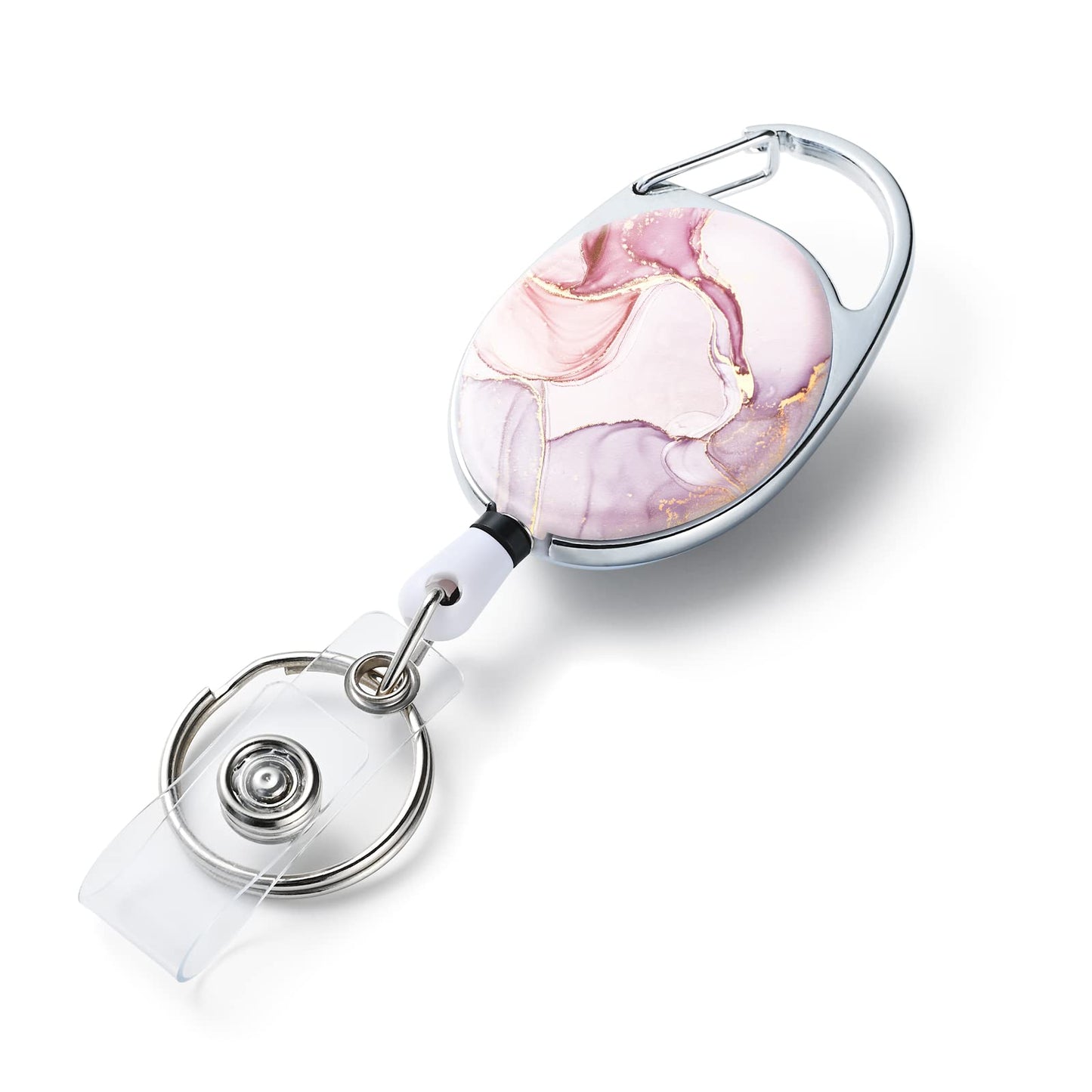 Badge Reels Retractable，Double Sided Color Print Pattern Badge Holders，with Keychain, Clip and Key Ring，Durable Nylon Rope，Pink Marble