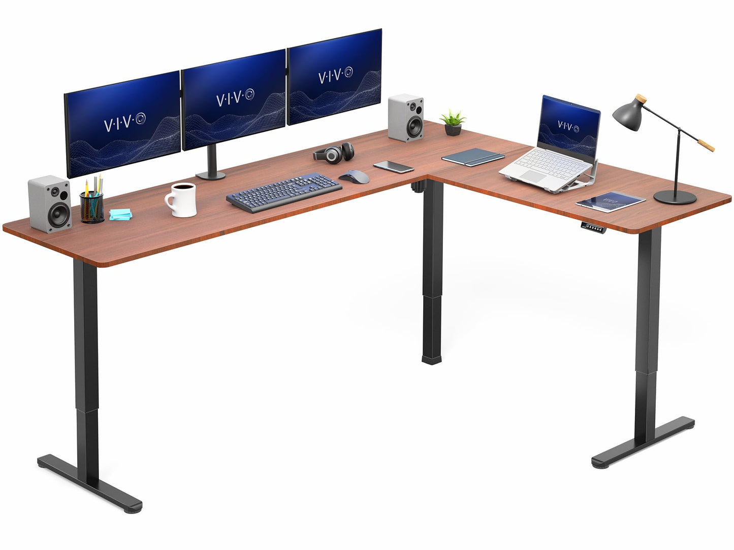 VIVO Corner Standing Desk, 84 x 63 inch Reversible L-Shaped Workstation, Electric Height Adjustment, Home, Office, and Reception Rooms, Dark Walnut Table Top Black Frame, DESK-E3CTBD-84