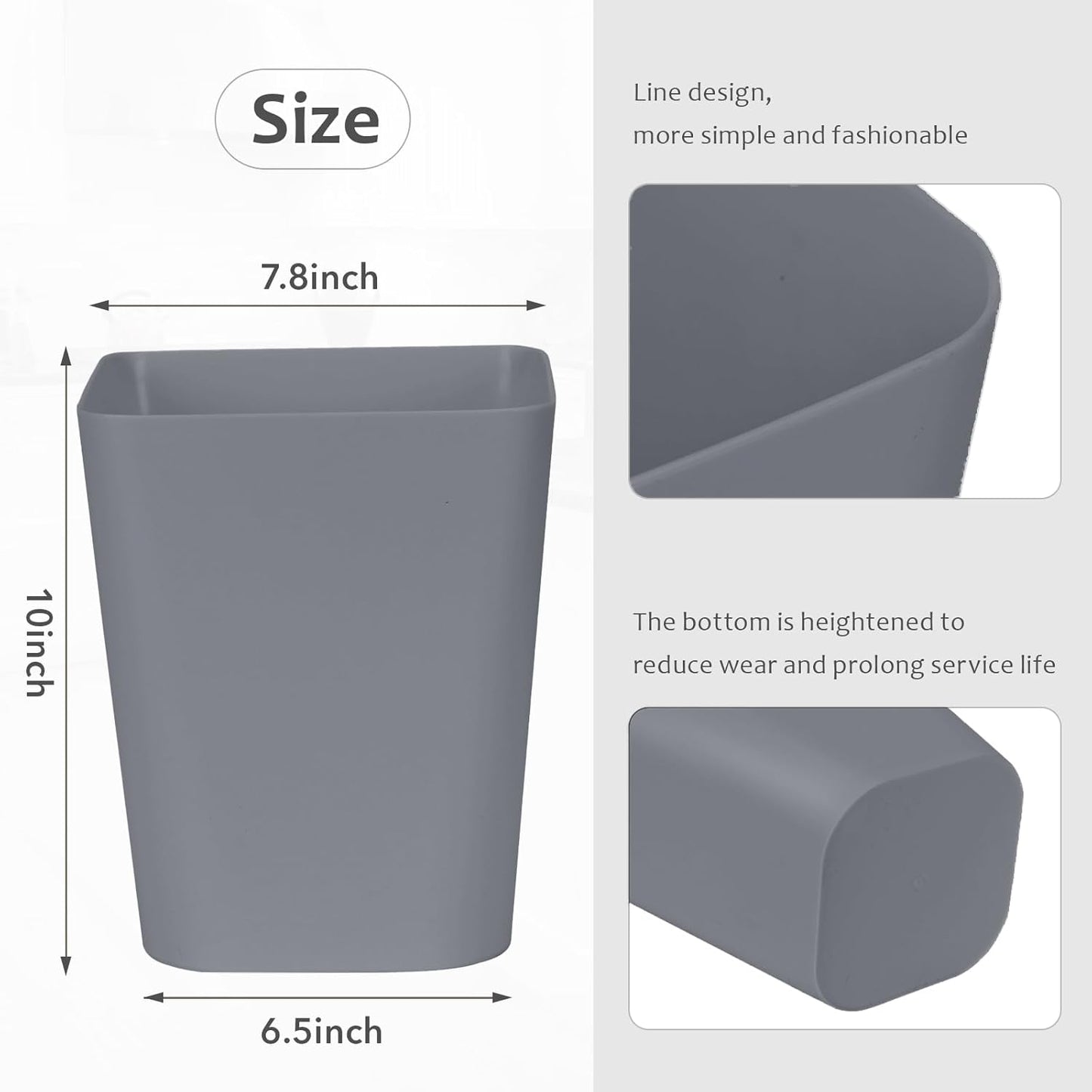 ZXJ Small Trash Can - 1.8 Gallon Waste Basket for Bathrooms, Kitchens & Offices - Grey