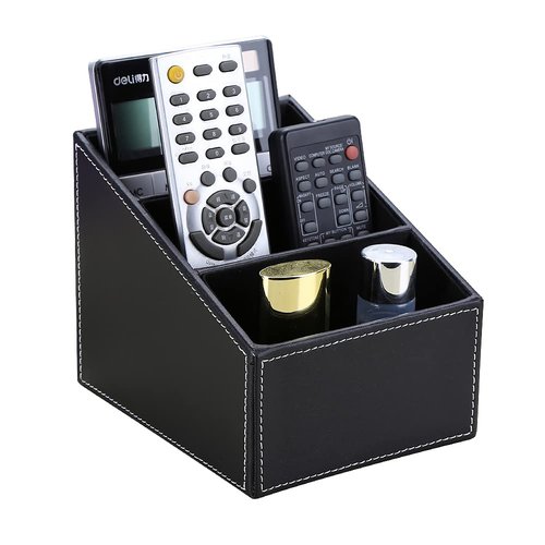 KINGFOM Remote Control Holder with 3 Compartments Pu Leather Remote Caddy Desktop Organizer Store Brush, Pencil, TV Guide, DVD, CD, Blu-Ray, Media Player, Heater Controllers(Black)