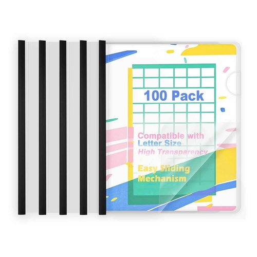TOTiyea 100 Pack Letter Size Clear Report Covers with Sliding Bars, 9mm (70 Sheet Capacity) Sliding Bar File Folders, Black